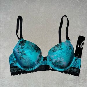 Felina Turquoise and Black Floral Lace Bra